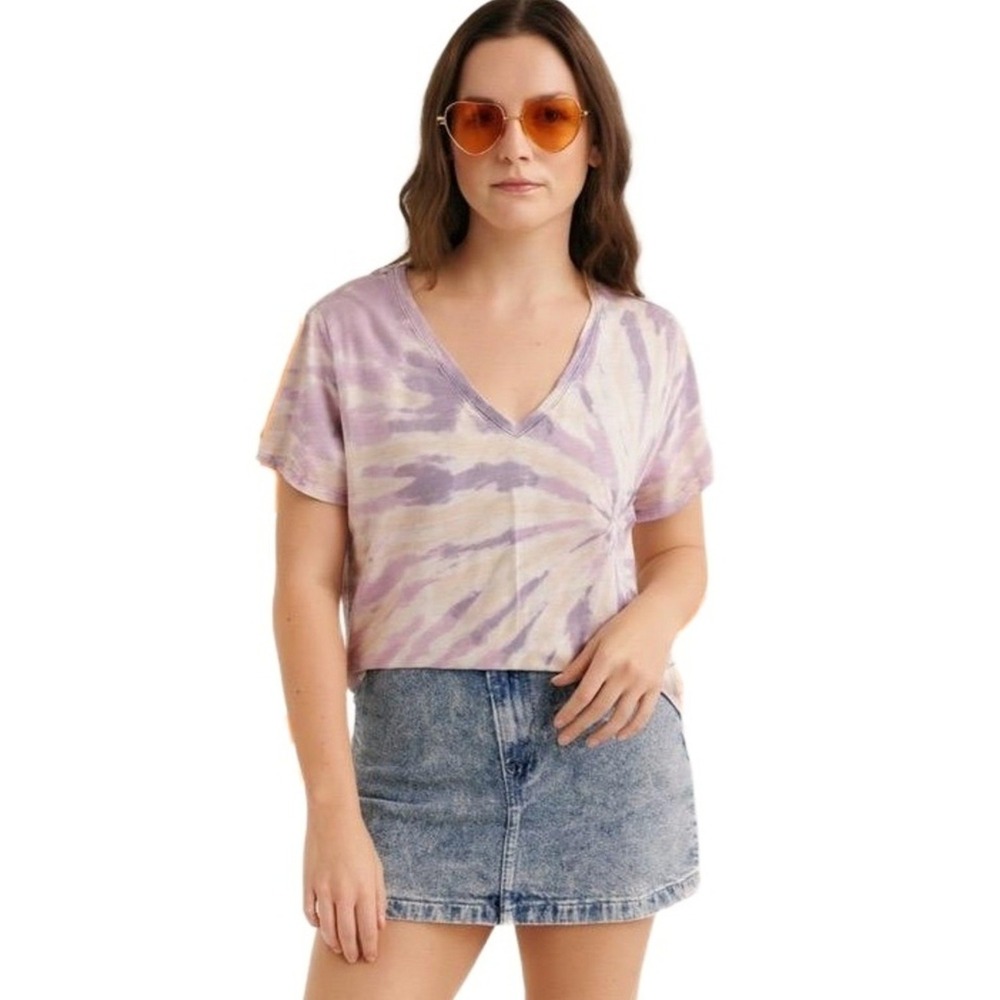 Y2K Lucky Brand Shirt‎ Women's Medium Tie Dye V-Neck T-Shirt Purple Peach